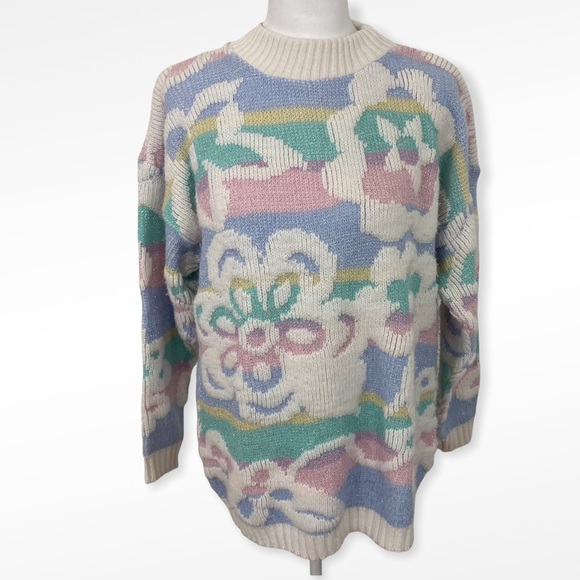 Vintage Pastel Stripe Floral Lurex Sweater Medium - Picture 3 of 6